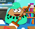 Pou limpando a sala de aula antes das férias