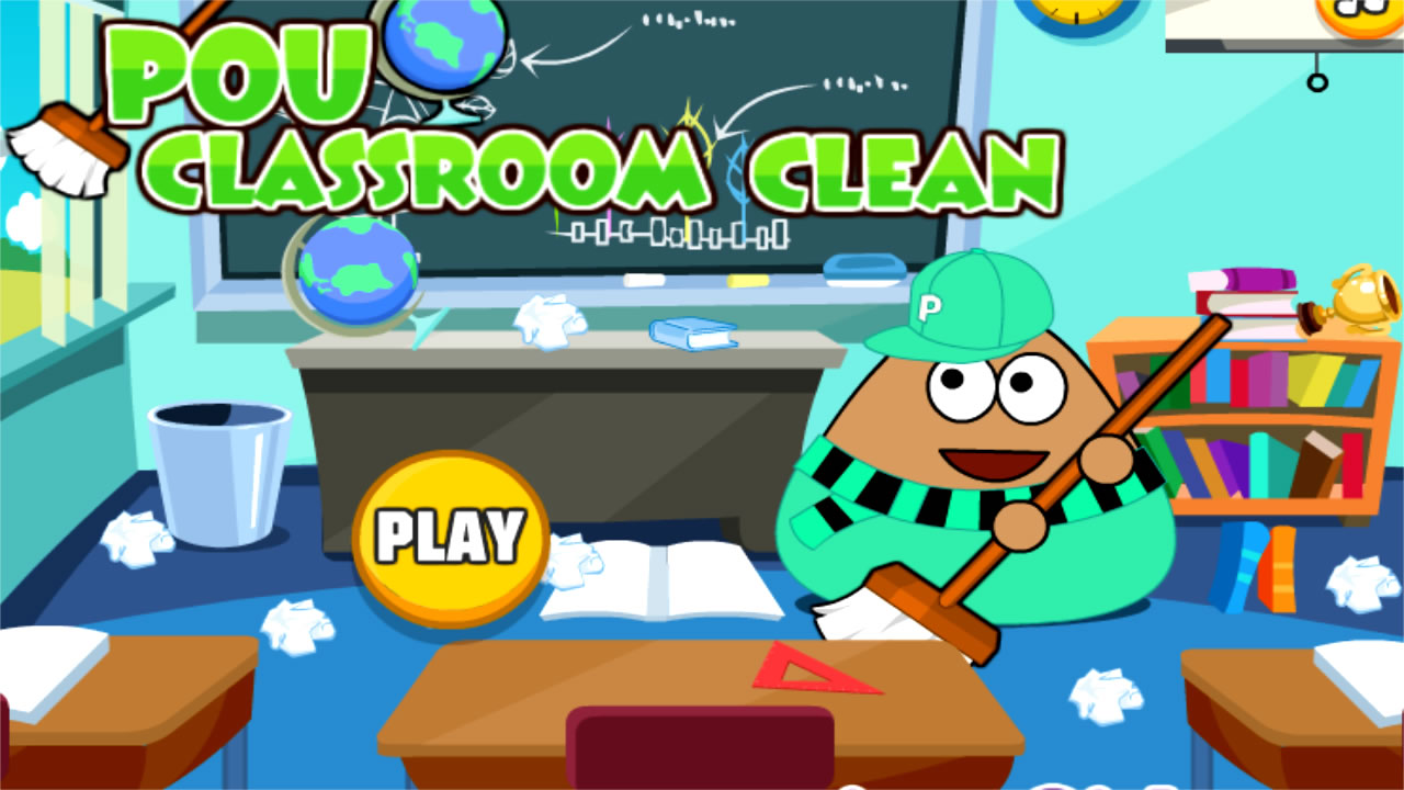 Pou limpando a sala de aula antes das férias